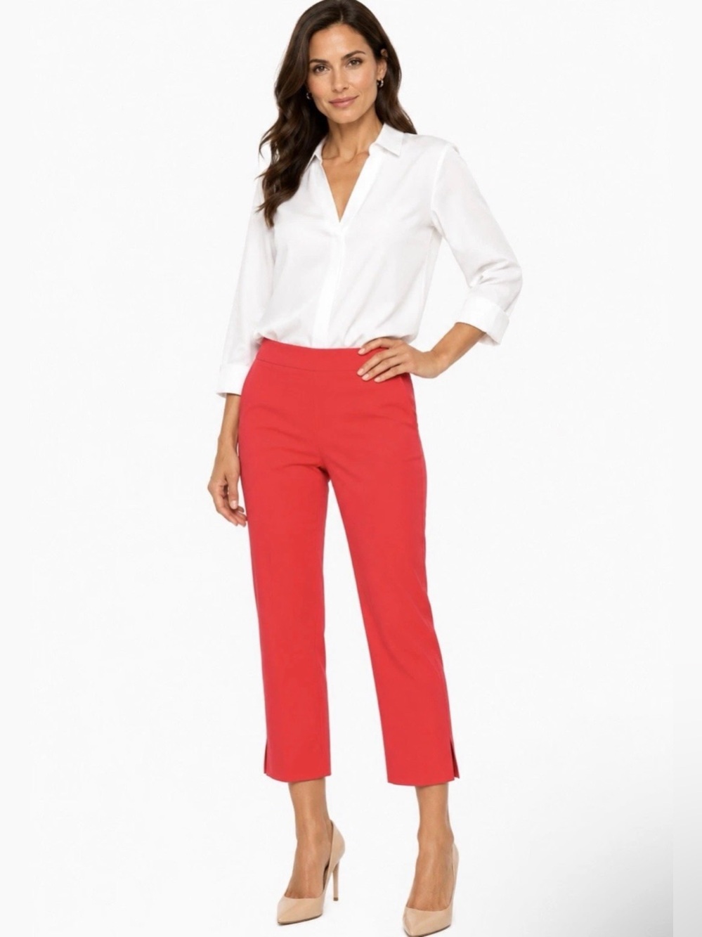 Lafayette 148 NY Bleecker Cropped Ankle Pants Womens 16 Coral Red Stretch Cotton